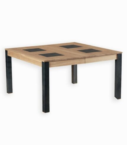 Table carrée avec plateau incrusté de carrés de céramique aspect ardoise