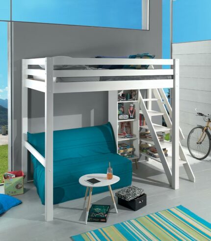 Lit mezzanine LOFT en pin massif lasuré blanc