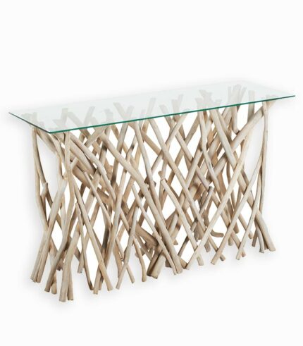 Console en teck et plateau en verre