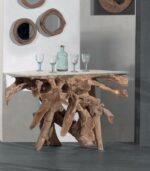 Console en racine de teck et plateau en verre