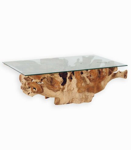 Table basse en racine de teck avec plateau en verre
