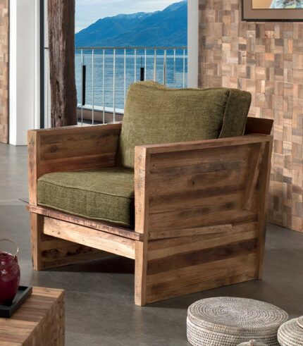 Fauteuil en teck assise tissu kaki