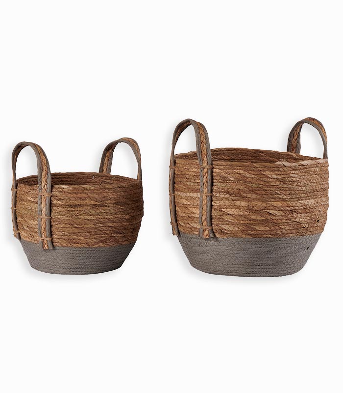 Set de 2 paniers bicolores naturel/gris Set de 2 paniers bicolores naturel/gris en rotin et papier