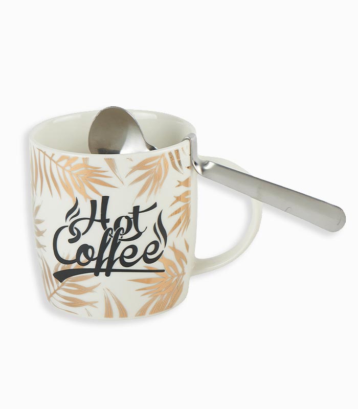 Mug avec cuillère imprimée feuilles Mug avec cuillère imprimée feuilles
