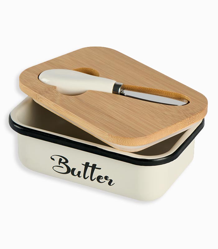 Beurrier métal écru couvercle en bambou Beurrier métal écru couvercle en bambou