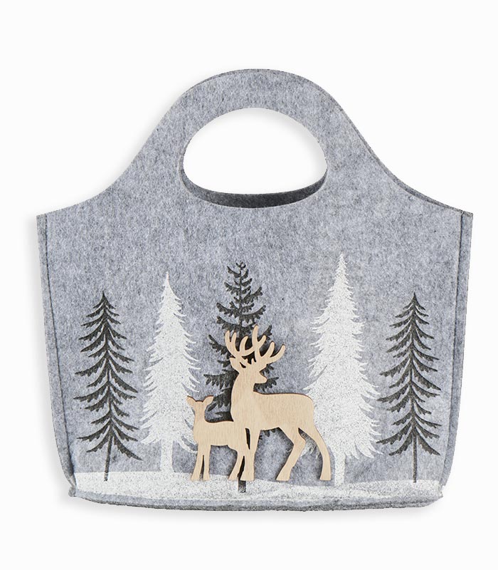 Sac feutrine grise sapins et cerfs Sac feutrine grise sapins et cerfs