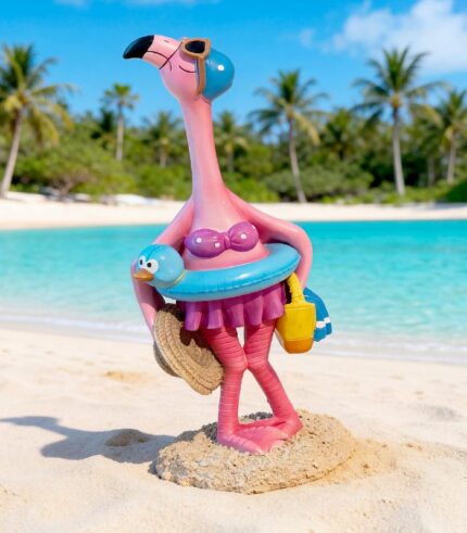 Flamant rose avec bouée et bonnet de bain