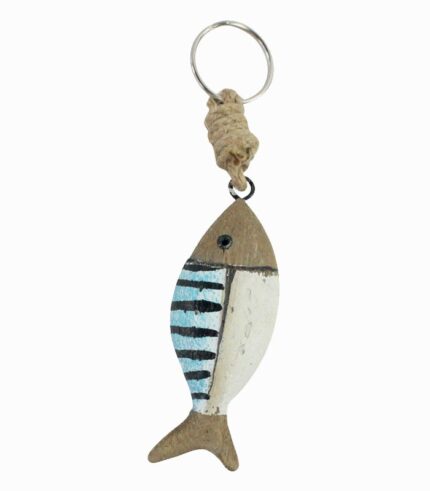 Porte-clés en bois poisson blanc bleu