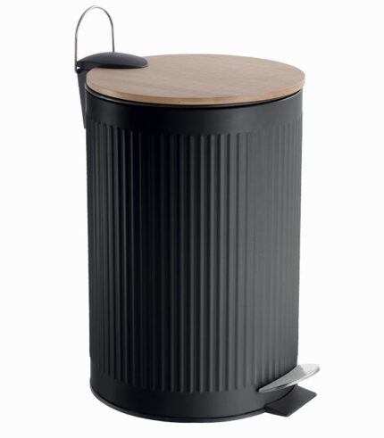 Poubelle noire 12L en métal couvercle bambou