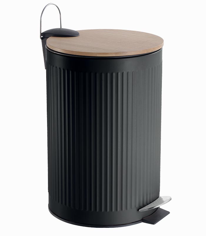Poubelle noire 12L en métal couvercle bambou Poubelle noire 12L en métal couvercle bambou